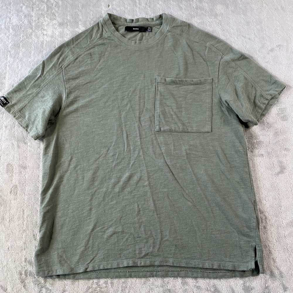 Bershka Shirt Mens Small Green Short Sleeve Casual Preppy Crew Neck Pocket‎